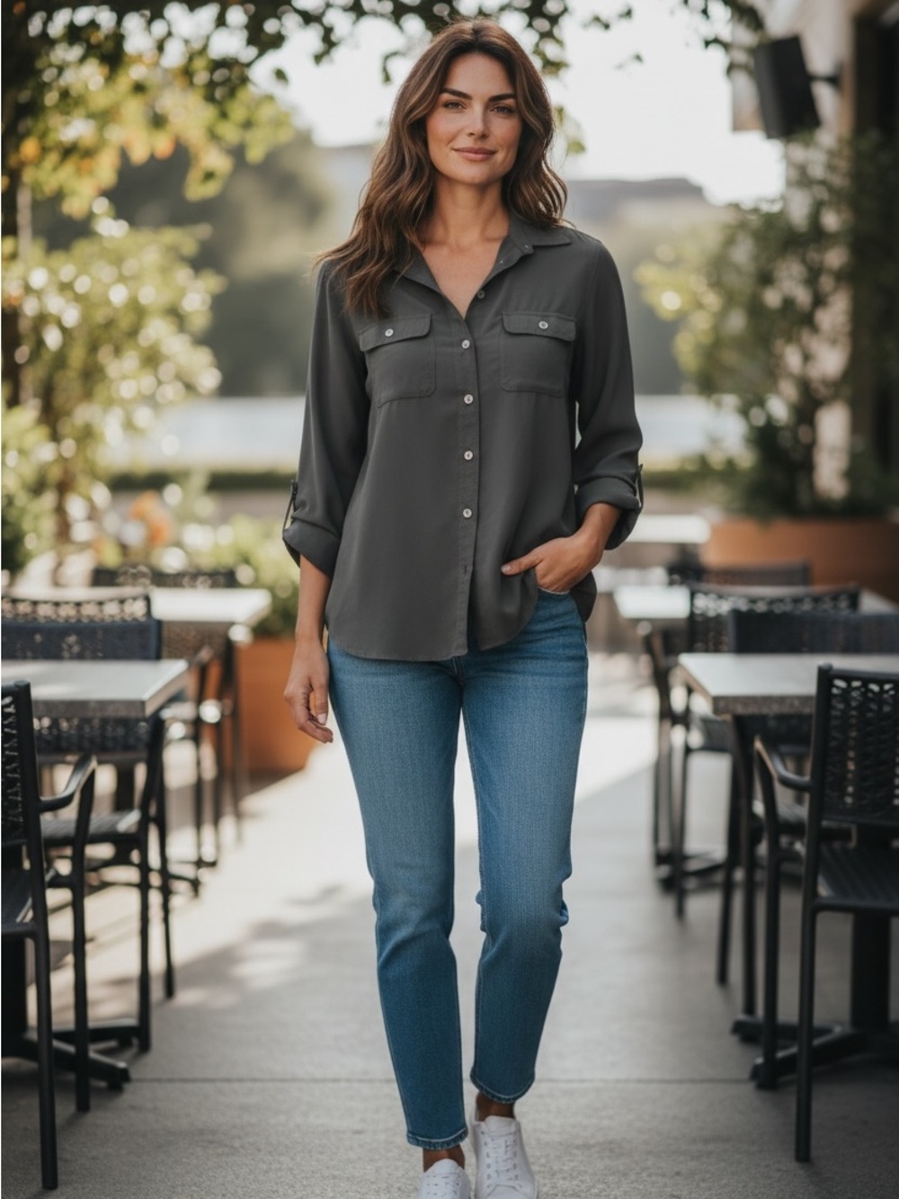 LOFT Black Button-Down Shirt with Chest Pockets
